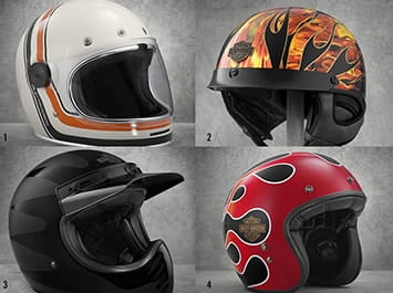 Four motorcycle helmets