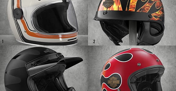 Four motorcycle helmets